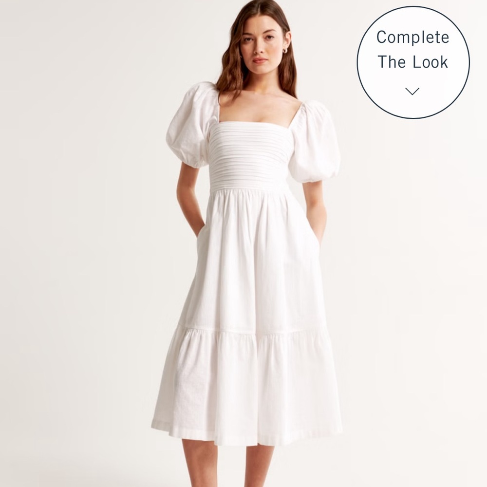 Abercrombie and Fitch Emerson Linen-Blend Puff Sleeve Midi Dress